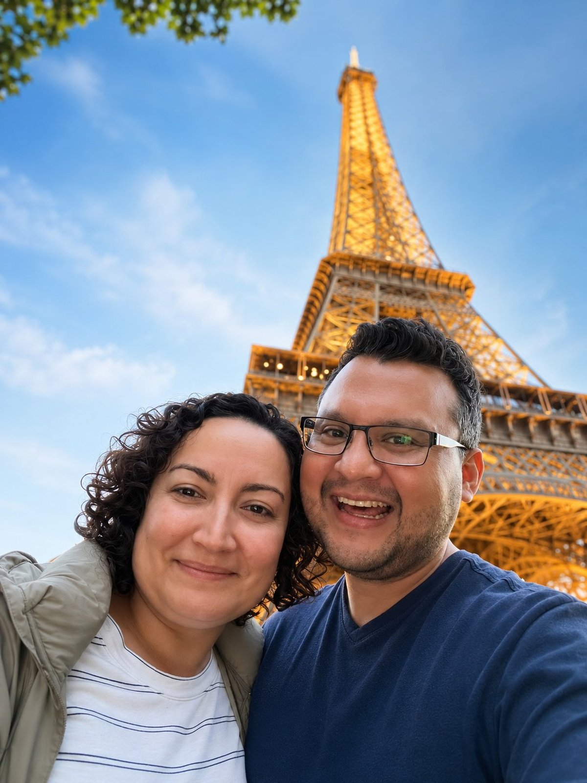 David y Claudia frente a la Torre Eiffel