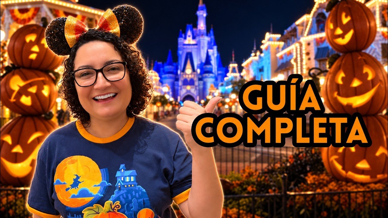 Claudia en Mickey's Not So Scary Halloween Party, con el castillo de Magic Kingdom y las calabazas de Main Street
